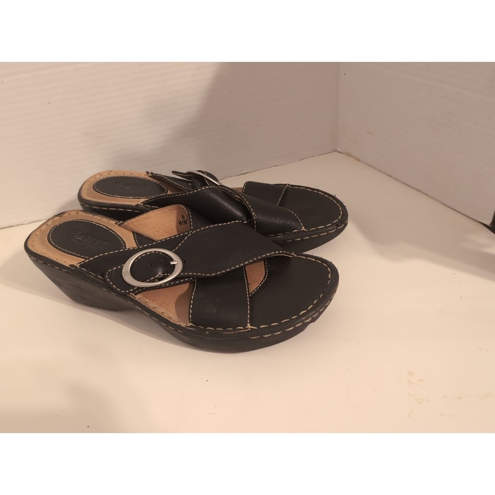 Born Womens Wedge Leather Sandals Black Size 8 Open Heel Buckle On Top